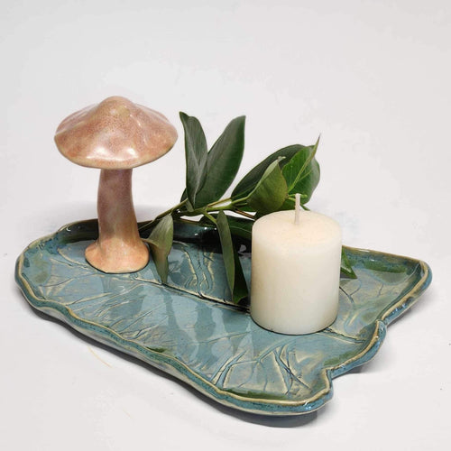 Handmade Pottery Ceramic Leaf Dish Serving Dish Small Tray Light Blue with Green Accents