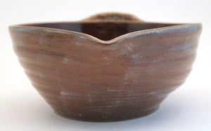 Stoneware Wheel Thrown Pottery Batter Bowl Ribbed Handle Prim Tan Green 4 Cups