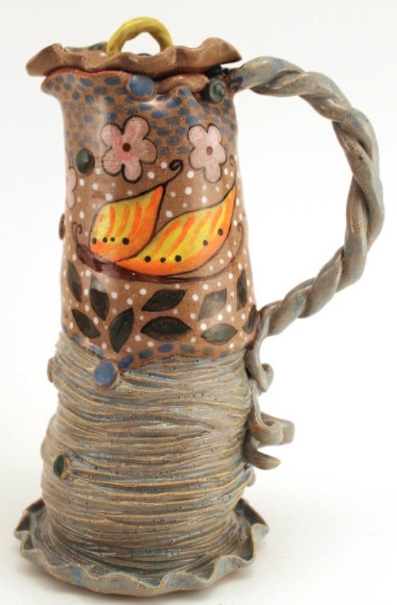 Wheel Thrown Altered Stoneware Pottery Pitcher Whimsical Wonky Butterflies Flowers Snail OOAK Hand Painted Carved