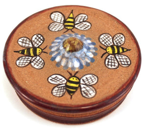 Wheel Thrown Stoneware Trinket Ring Box Honey Bee Design Burgundy Blue Yellow Free Shipping in US