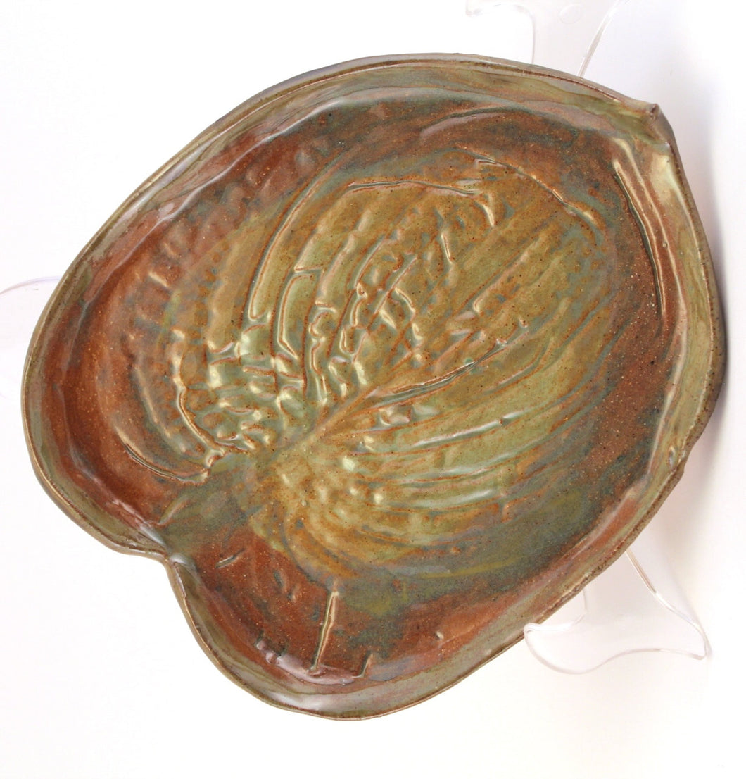 Stoneware Pottery Hosta Leaf Plate Dish OOAK Hand Made Green Rust #1