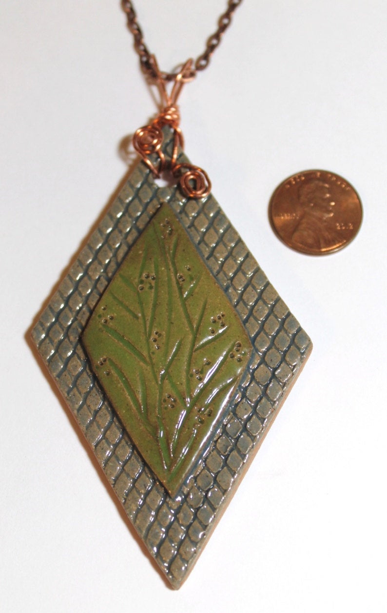 Hand Made Stoneware Pendant Necklace OOAK Diamond Green Blue Branches Wrapped Copper Wire