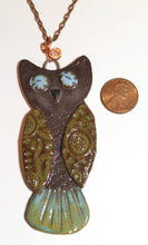 Load image into Gallery viewer, Hand Made Stoneware Owl Pendant Necklace Copper Wire OOAK Blue Green Purple