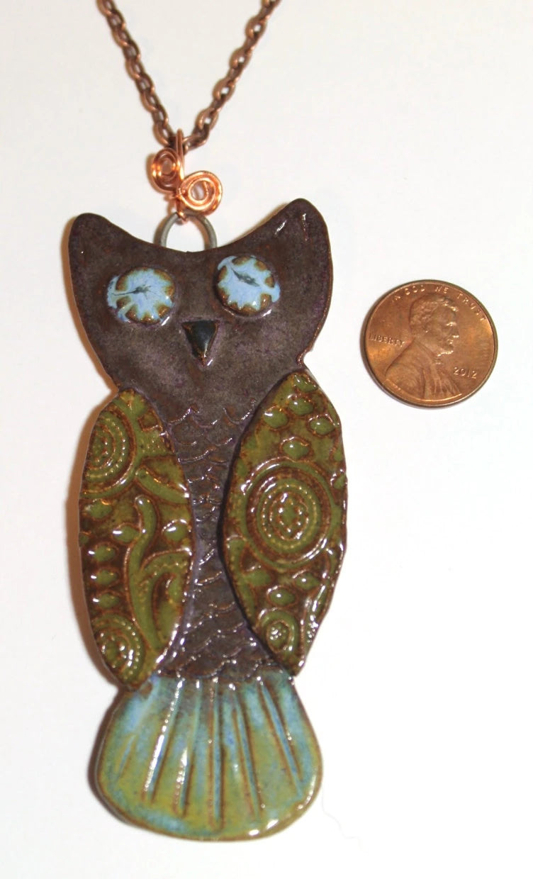 Hand Made Stoneware Owl Pendant Necklace Copper Wire OOAK Blue Green Purple