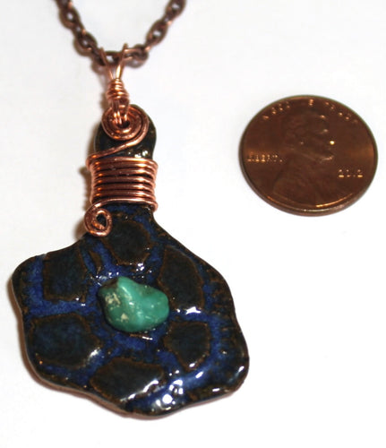 Stoneware Pendant Necklace Embossed Blue Flower Turquoise Nugget OOAK Copper