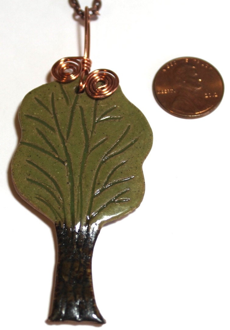 Hand Made Stoneware Pendant Necklace Tree Green Brown Copper Wire