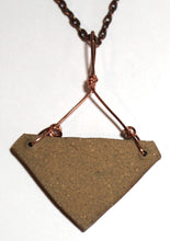 Load image into Gallery viewer, Stoneware Pendant Necklace Triangle Embossed Leaf Turquoise blue Copper Wire