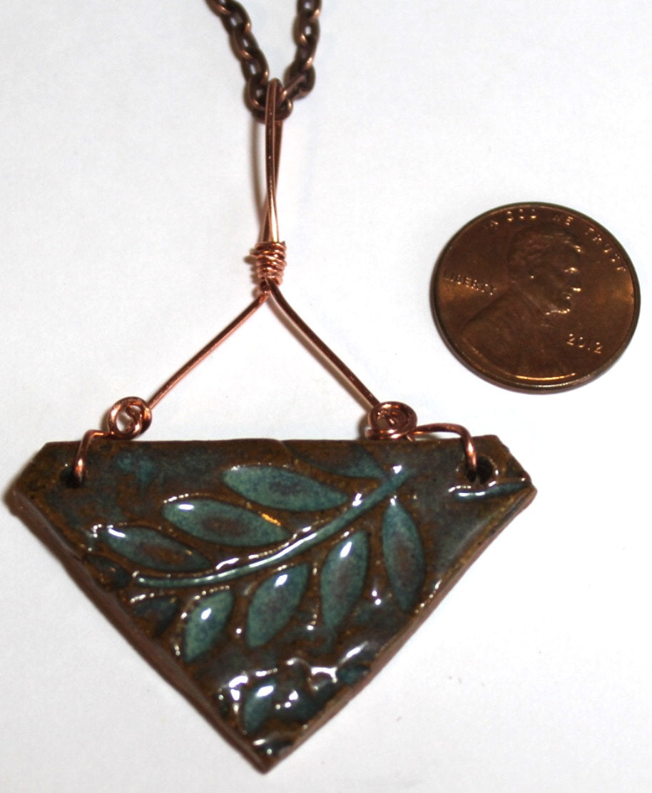 Stoneware Pendant Necklace Triangle Embossed Leaf Turquoise blue Copper Wire